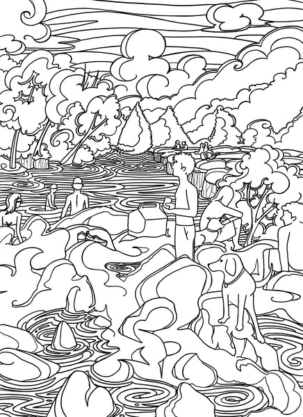 Black and white coloring page of Barton Creek in Austin, TX by Austin artist Becca Borrelli