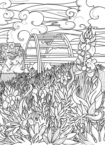 Black and white coloring page of Pennybacker Bridge in Austin, TX by Austin Artist Becca Borrelli
