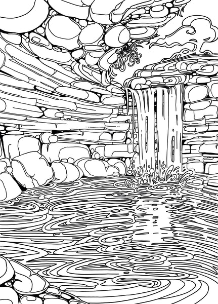 Black and white coloring page of Hamilton Pool in Austin, TX by Austin artist Becca Borrelli
