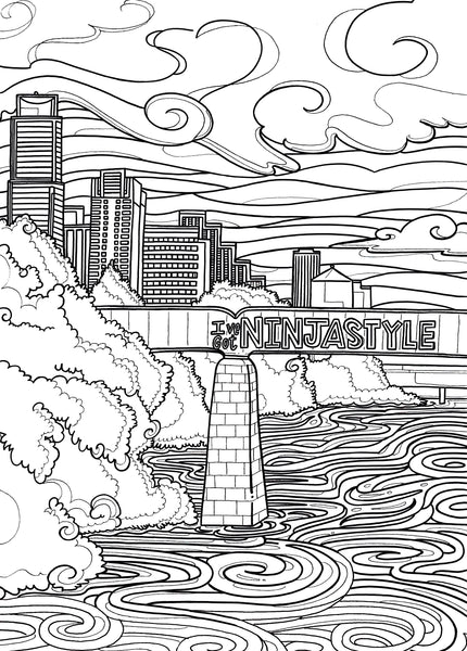 Black and white coloring page of I've Got Ninja Style at Austin Railroad Graffiti Bridge
