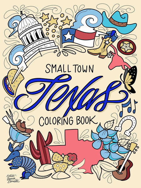 cover of the Small ToTexas-Coloring-book-featuring-Texas-Bluebonnets-armadillo-boots-horseshoe-longhorn