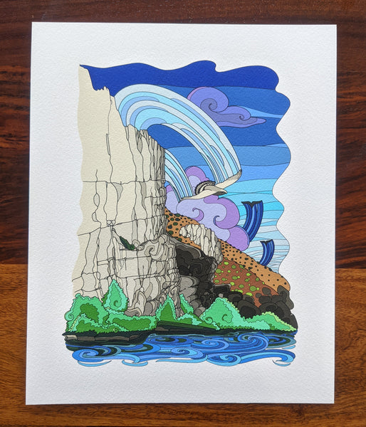 hand_drawn_wind_goddess_depicted_by_a_soaring_bird_over_cliffs_of_Big_Bend_National_park